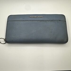 Michael Kors Jet Set Travel Zip Around Continental Wallet Blue Pebbled Leather